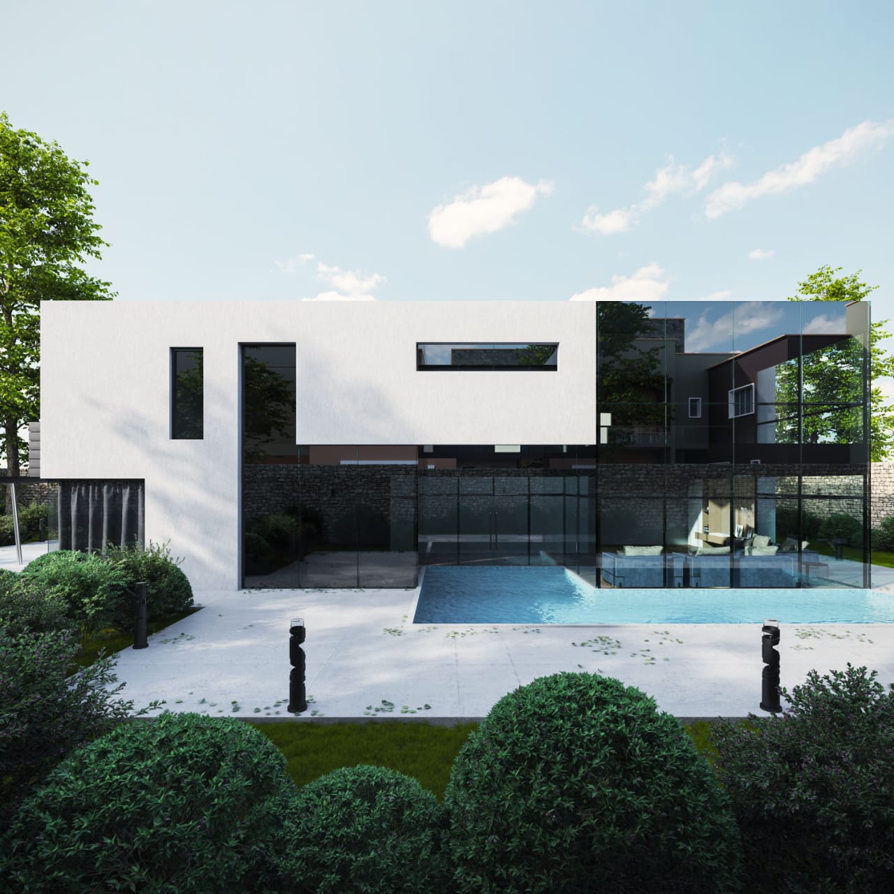 Modern poolside residence with full-height glazing